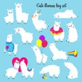 Collection of cute vector llamas. Set of stickers, patches. Doodle illustration. Template for cards, textiles