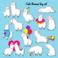 Collection of cute vector llamas. Set of stickers, patches. Doodle illustration. Template for cards, textiles