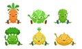 Collection of Cute Vegetables Cartoon Characters with Funny Faces, Carrots, Cabbage, Cucumber, Broccoli, Onion, Squash