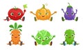 Collection of Cute Vegetables Cartoon Characters with Funny Faces, Tomato, Pumpkin, Eggplant, Carrots, Cabbage, Cucumber