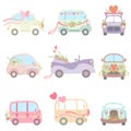 Collection of Cute Vintage Cars and Vans Decorated with Flowers, Hearts and Ribbons, Wedding Retro Cars, Front and Side