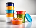 A collection of cylindrical plastic snack storage containers with lids Royalty Free Stock Photo