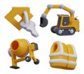 Collection of 3D construction icons. Key with house tag, excavator, concrete mixer, bright vest Royalty Free Stock Photo