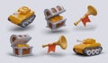 Collection of 3D game items. Yellow tank, chest with coins, trumpet with red flag