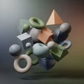 Shapes including spheres, cubes, rings, and a pyramid, are floating agains Royalty Free Stock Photo