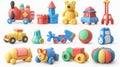 A collection of 3D modern icons depicting kids' toys, including a train, plane, castle, ball, cubes, and bear. Royalty Free Stock Photo