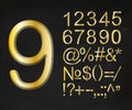 Collection of 3D numbers and symbols. Golden metallic shiny typeface on black School Board. Good set for treasure and finance Royalty Free Stock Photo