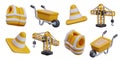 Signal vest, wheelbarrow with sand, striped cone, construction crane