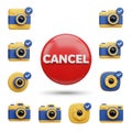 Collection of 3D Rendered Camera Icons with Checkmarks Surrounding a Large Red \