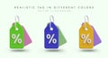Collection of 3D tags with percent sign. Pictures of different colors in cartoon style