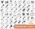 Collection of dark full icons of carpentry tools. Tool for a carpentry workshop with the name. Vector illustration