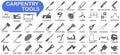 Collection of dark full icons of carpentry tools. Tool for a carpentry workshop with the name. Vector illustration