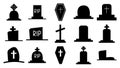 Collection of dark silhouettes of tombstones. Icons of graves, monuments with crosses. Tomb with a cross and gravestones