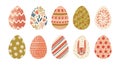 Collection of decorated Easter eggs isolated on white background. Bundle of symbols of religious holiday covered with