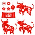 Collection of decorated ox, bull and cow zodiac for Chinese new year 2021 celebration. lantern, flowers and other isolated