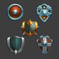 Collection of decoration armor for games. Set of medieval cartoon shields.