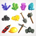 Collection of decoration icons for mining. Set of cartoon picking tools, stones, crystals, gems. Vector illustration.