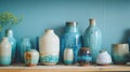 Collection of decorative ceramic vases in blue tones Royalty Free Stock Photo