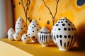Decorative ceramic vases with black patterns on a vibrant yellow background Royalty Free Stock Photo