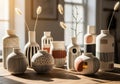 Collection of decorative ceramic vases with a modern design is arranged on a Royalty Free Stock Photo
