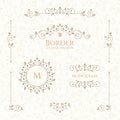 Collection of decorative elements. Borders, monograms and seamless pattern.