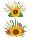 Collection decorative floral design elements. Sunflower, barley, wheat, rye, rice, poppy Royalty Free Stock Photo