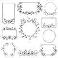A collection of decorative floral frames features various designs with flowers and leaves arranged around circular and rectangular