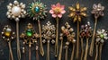 A collection of decorative hairpins with various designs and embellishments Royalty Free Stock Photo