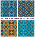 Collection of 4 delicate damask decorative seamless patterns with geometric ornament of blue, teal, orange and violet shades