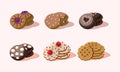 Flat vector set of delicious cookies with different decorations. Sweet snack. Tasty pastry product