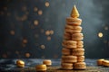 A collection of delicious cookies piled on top of each other, accentuated by a golden cone placed on the highest cookie, A spiral