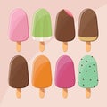 Collection of delicious glossy tasty ice cream popsicles, summer