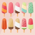 Collection of delicious glossy tasty ice cream popsicles, summer