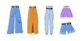 Collection of denim and fabric female trousers, pants, shorts and skirt. Casual clothes for women