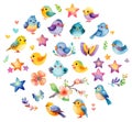 Collection of design elements with cute colorful birds, flowers, stars and hearts in watercolor style. Generative ai Royalty Free Stock Photo