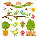Collection of design elements on the theme of spring. Colorful cartoon birds, insects, trees, birdhouse, characters. Cute Royalty Free Stock Photo