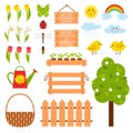 Collection of design elements on the theme of spring. Tulips, chickens, seedlings in a box, baskets, watering can. A set of vector Royalty Free Stock Photo