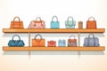 collection of designer handbags lined up on a sleek shelf