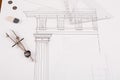 Blueprint Collection of Architectural Designs and Drafting Tools Placed on a Work Surface Royalty Free Stock Photo