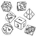 Collection of dice for role-playing games isolated on white background hand drawn vector illustration sketch