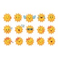 Collection of difference emoticon icon of cute sun cartoon on white background vector illustration