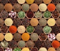 Collection of different aromatic spices and herbs on black background, flat lay Royalty Free Stock Photo