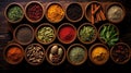 Collection of different aromatic spices and herbs in a wooden plates on dark background, view from above. Generative AI