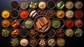 Collection of different aromatic spices and herbs in a wooden plates on dark background, view from above. Generative AI