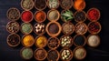 Collection of different aromatic spices and herbs in a wooden plates on dark background, view from above. Generative AI