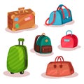 Flat vector set of different bags. Women handbags, retro case with stickers, urban backpack, large suitcase on wheels Royalty Free Stock Photo