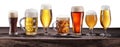 Collection of different beer glasses and beer types. File contains clipping path Royalty Free Stock Photo