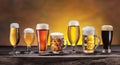 Collection of different beer glasses and beer types on old wooden table Royalty Free Stock Photo