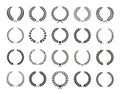 Collection of different black and white silhouette circular laurel foliate, wheat, olive and oak wreaths depicting an award,
