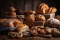 collection of different breads, ranging from sweet rolls to rustic country loaf